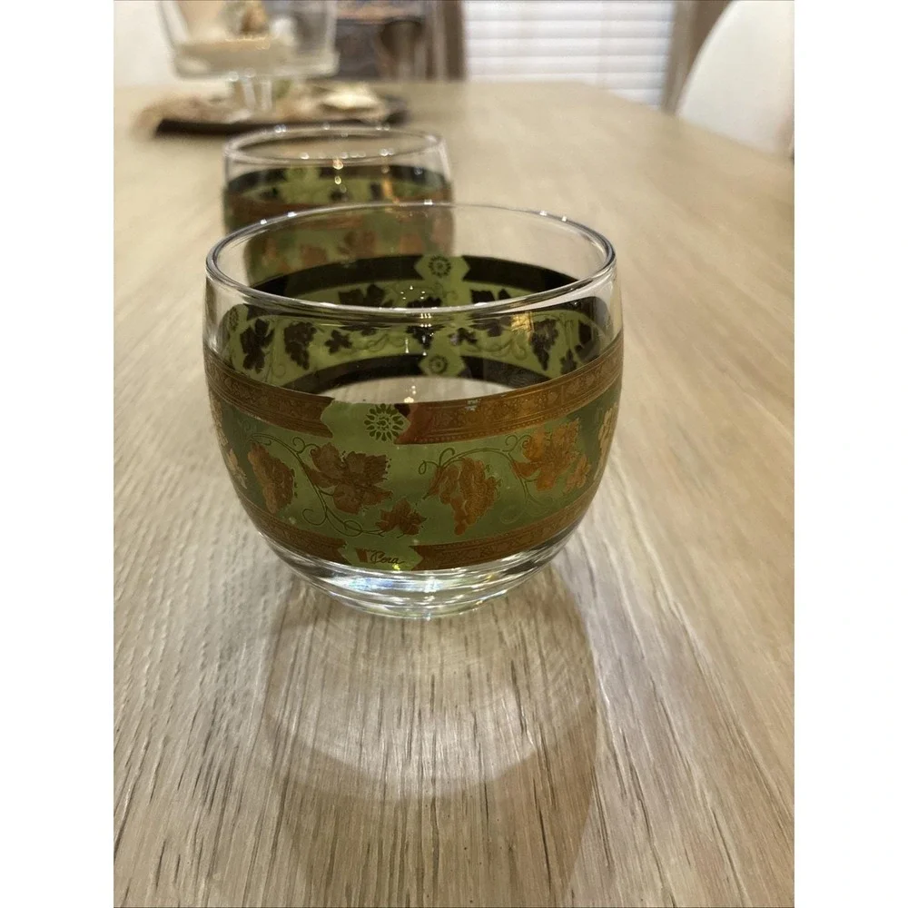 4pc VTG 60s MCM Roly Poly Cera Glass 22K Golden Grapes Green Highball Tumbler